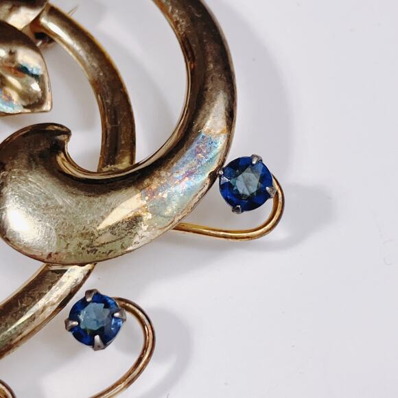 VTG Signed Harry Iskin Mid Century Gold Filled Floral Brooch Blue Rhinestone 40s - Picture 12 of 15